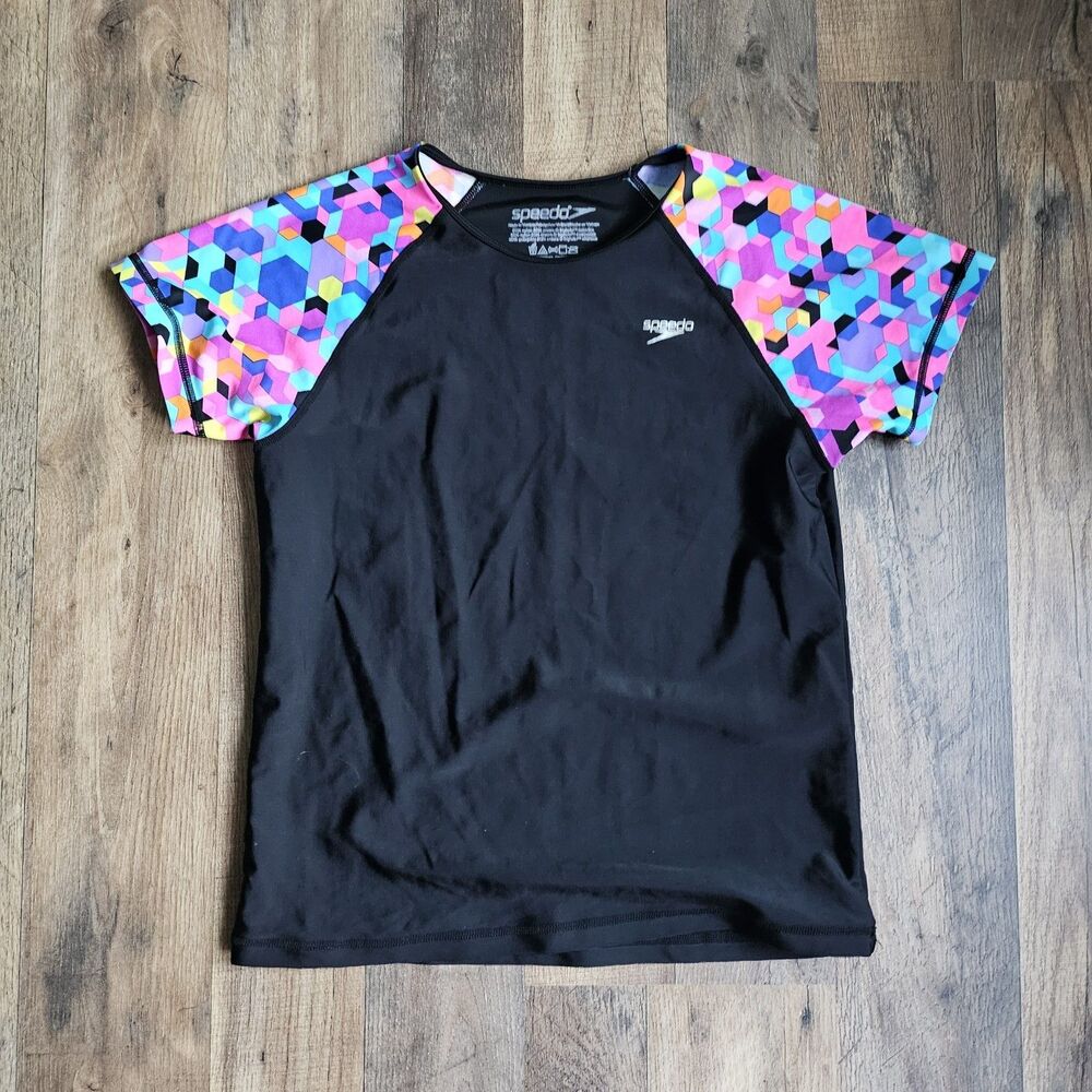 Speedo Rash Guard Kids XL Black Colorful Geometric Print UV50 Swim Surf...